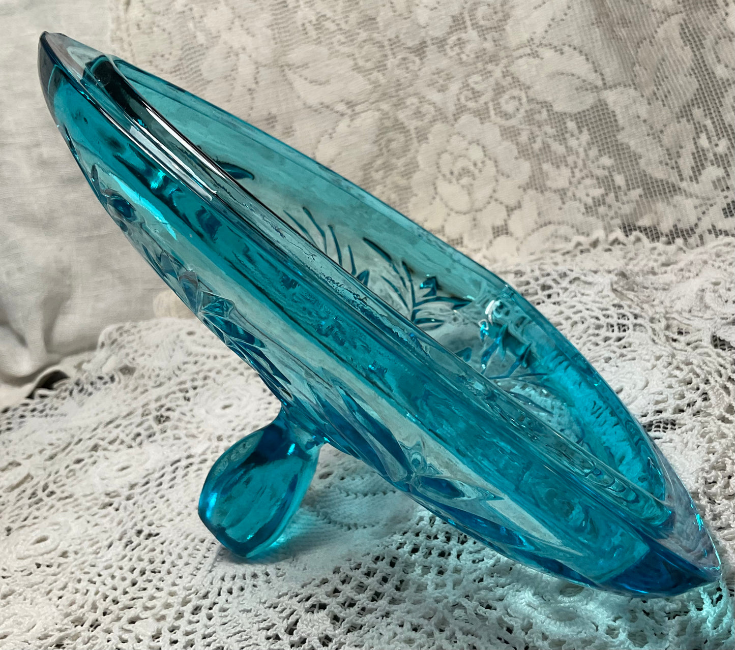 MCM 3 Footed Triangle Blue Covered Candy Dish by Hazel Atlas