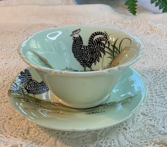 Rooster Bowl & Plate Hand Painted Set - Mid Century Japan