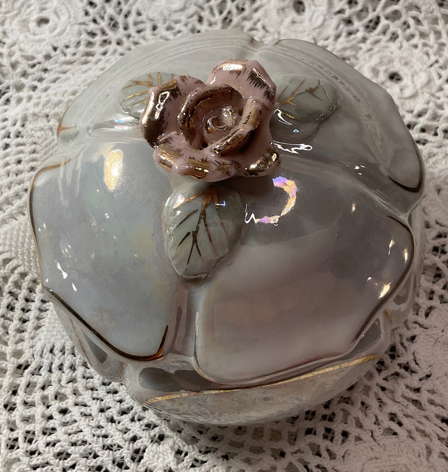 Trinket Dish with Pink Rose and Iridescent Finish