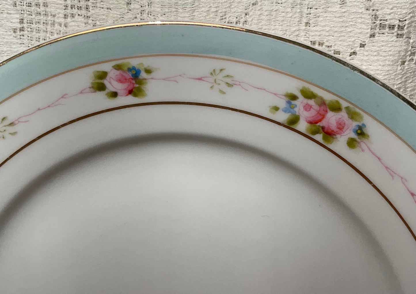 Hand Painted Pink Flower with Blue Trim Dessert Bowl