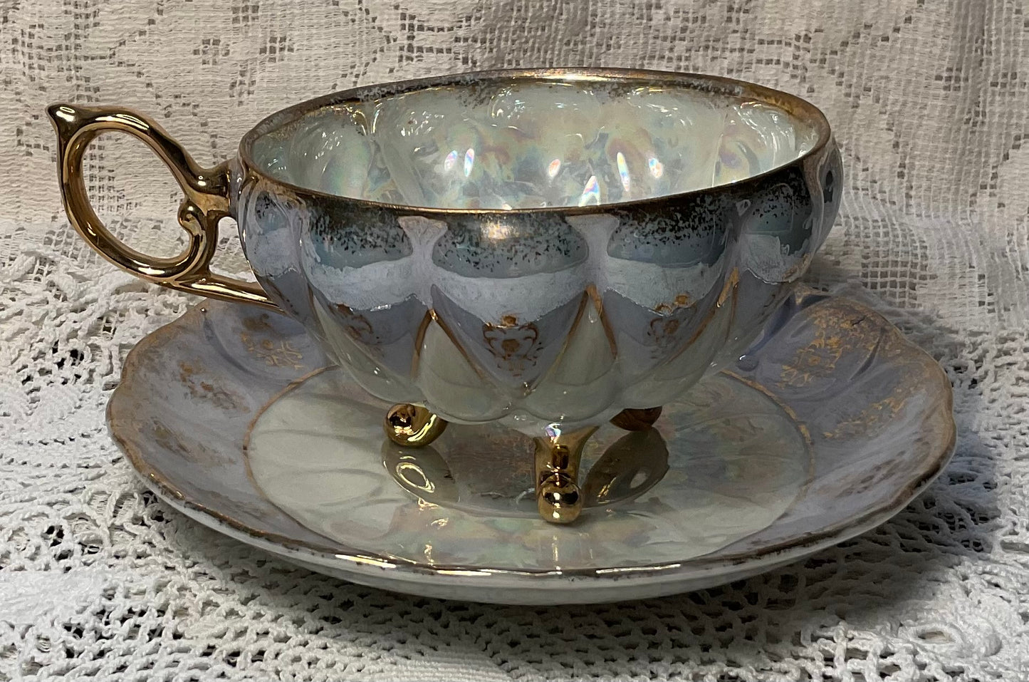 Periwinkle & Gold Lusterware Vintage Cup and Saucer