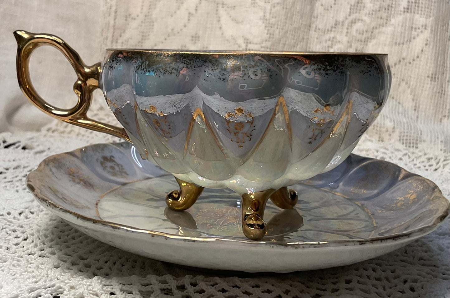 Periwinkle & Gold Lusterware Vintage Cup and Saucer