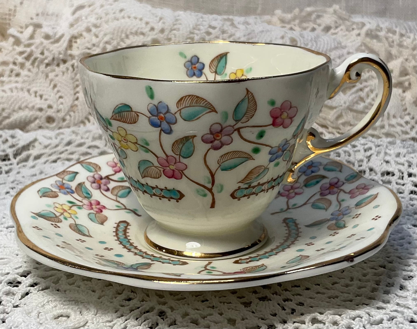 Foral, Teal & Gold Footed Demitasse Cup & Saucer