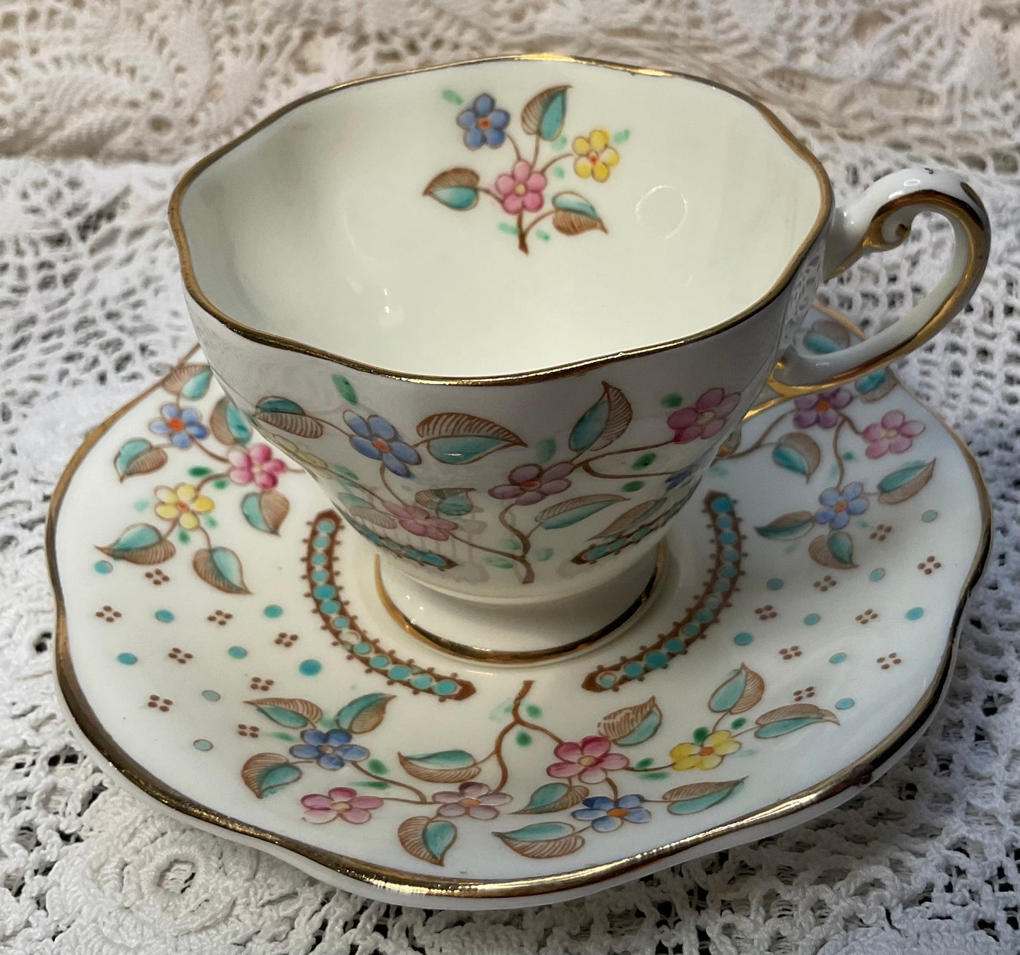 Foral, Teal & Gold Footed Demitasse Cup & Saucer