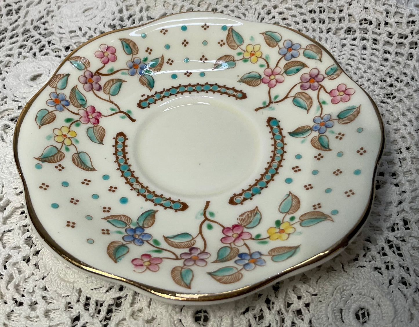 Foral, Teal & Gold Footed Demitasse Cup & Saucer